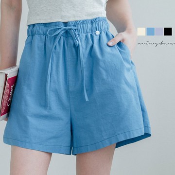 現貨★腰鬆緊抽繩後口袋工藝貝殼釦棉麻短褲(共4色)0701 【NR1475】