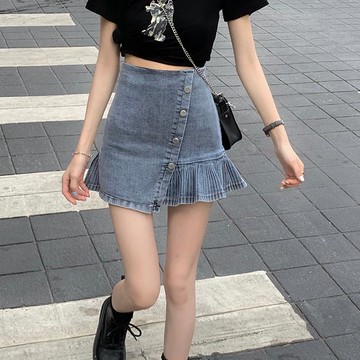 不規則設計感牛仔半身裙女裝夏季高腰顯瘦短款百搭A字裙子潮