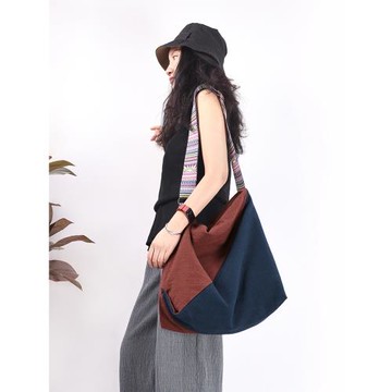 澄心女子拼接休閑單肩棉麻布包