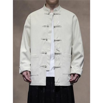 新中式秋冬燈芯絨拼接唐裝外套男休閑復古對襟盤扣中山裝夾克上衣