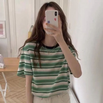韓版條紋寬鬆短袖T卹 夏季新款韓版寬鬆t卹女ins撞色條紋文藝學院風短款圓領短袖上衣潮 夏季綠色條紋韓版上衣