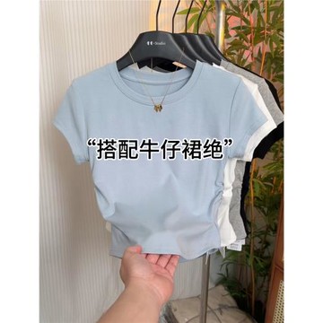 設計感小眾收腰顯瘦圓領T恤女2025夏季新款韓版簡約彈力短袖上衣