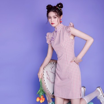 新款小清新甜美少女改良日常旗袍復古中國風小個子格子連衣裙