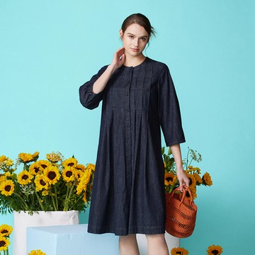彈性有機牛仔口袋八分袖洋裝