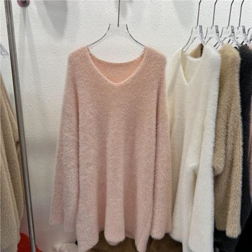 慵懶風V領馬海毛毛衣女秋冬新款軟糯水貂絨中長款針織打底衫上衣