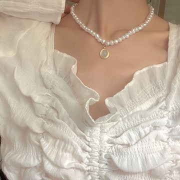 法式優雅項鏈短款天然巴洛克異形珍珠s925銀橢圓吊墜復古氣質頸鏈