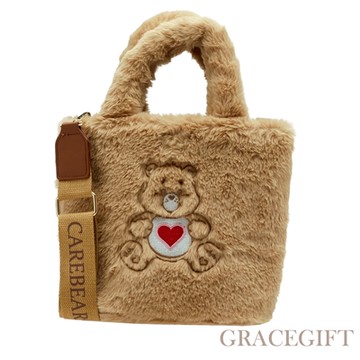【Grace Gift】Care Bears-溫柔小熊手提斜背毛毛托特包(附背帶) 棕
