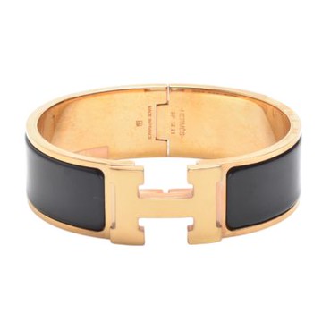HERMES Clic H LOGO琺瑯中版手環(黑X金-GM)