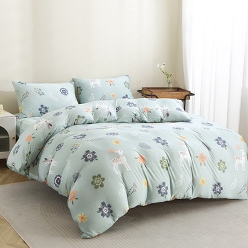 INDIAN 印地安 針織寢具4件組  花叢鹿  床包 + 兩用被 + 枕套 2個  Queen Size(180 x 186cm)