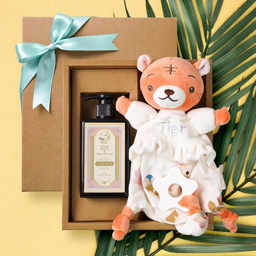 可愛寶寶活力小虎娃娃安撫巾+沐浴露 新生兒嬰兒禮盒