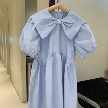 法式娃娃領中長款藍色連衣裙女軟奶風甜美減齡小子2022春夏新款