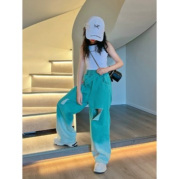🔥隔日到貨 女童破洞牛仔褲闊腿褲2026新款炸街漸變破洞褲時尚帥氣女童夏裝個性童裝