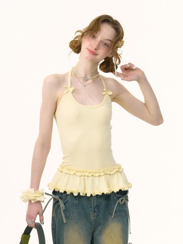 ziziFei夏新款設計感上衣花邊下擺蝴蝶結黃色針織掛脖背心吊帶女