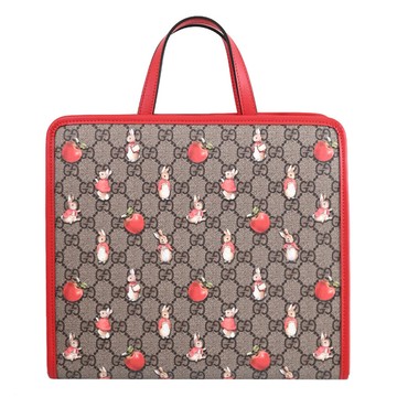 GUCCI 605614 Peter Rabbit 彼得兔聯名設計印花托特包.駝/紅邊