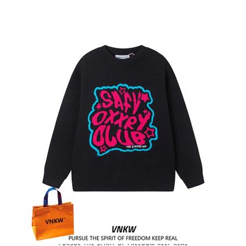 美式潮牌復古字母提花圓領黑色毛衣男秋冬潮流寬松小眾情侶針織衫