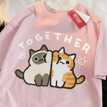 S~XL 萌寵 TOGETHER貼臉二貓 純棉 短T 情侶T【Y1342】MIT 情侶裝 短袖T恤 男女可穿 KUSO
