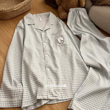 韓國ins自嘲熊情侶睡衣春秋季長袖長褲純棉卡通格子男女生家居服