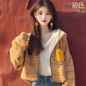 初色 條紋撞色拼接拉鍊長袖七分袖連帽T恤女上衣-黃色條紋-38498(M-XL可選)