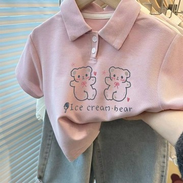 Healthy baby 休閒夏裝上衣中小童短袖t恤兒童Polo衫韓版童裝新款洋氣 女童短袖  女童POLO領短袖 兒童