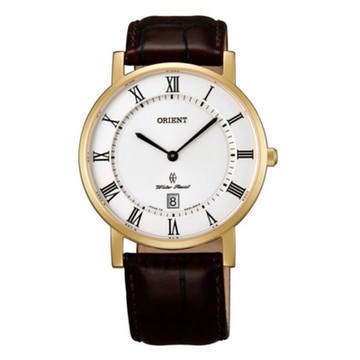 ORIENT 東方錶 官方授權 超薄優雅羅馬數字藍寶石鏡面石英錶皮帶款金色-38mm(FGW0100FW)