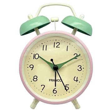 FRANCO金屬雙鈴靜音鬧鐘(粉)  米白色底黑色字鐘面粉綠色雙鈴 + 粉紅色外框 + 白色鐵件