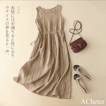 【ACheter】氣質簡約圓領薄款背心裙精緻無袖棉麻收腰抽繩顯瘦長洋裝# 122702(現貨+預購)