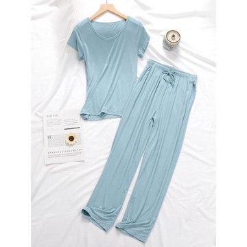 純色簡約睡衣女2025年新款夏季短袖長褲莫代爾薄款家居服可外穿