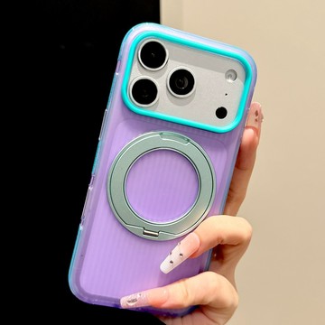 蘋果18Promax手機殼iphone17pro新款極光紫透明光柵撞色防摔條帶360支架殼16按鍵全包簡約防摔保護套