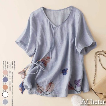 【ACheter】夏季新大碼刺繡棉麻襯衫斜系帶襯衣# 112277(現貨+預購)