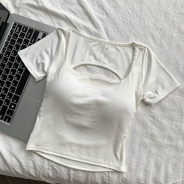 SY純慾風性感露背短袖T恤女夏季新款帶胸墊露臍短款甜辣美背上衣女辣妹性感吊帶修身方領背心純色背心