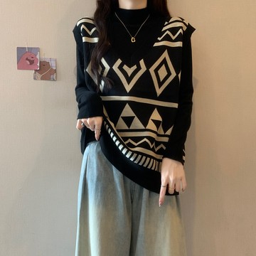 實拍大尺碼女裝秋冬胖MM時尚馬甲針織上衣氣質顯瘦遮肚毛衣兩件套