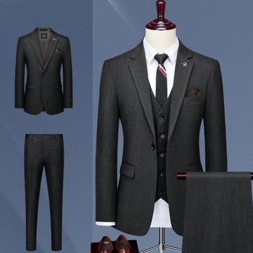 啄木鳥紳士修身婚禮黑灰色西服套裝男結婚新郎商務正裝禮服西裝春