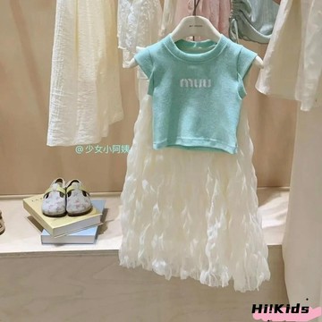 女童夏款套裝2025新款女中小童夏季洋氣短袖上衣網紅蛋糕裙子兩件套ss