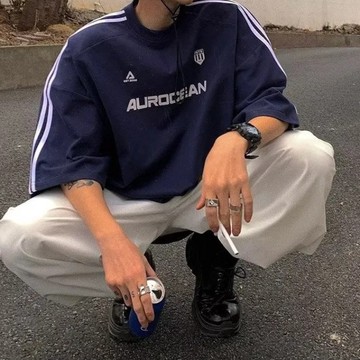 AUROCEAN 字母 雙線 賽車風 寬鬆 落肩 情侶 男女 短袖 上衣 短袖tee 美式短袖男t恤 半袖t恤 V109