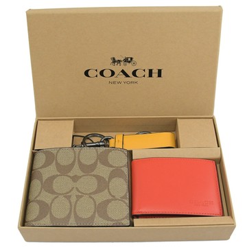 COACH CA005 老花撞色短夾鑰匙圈禮盒組.駝/紅黃