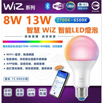 PHILIPS 飛利浦 智能燈泡 Wiz燈泡 Wi-Fi WiZ 智慧照明 8W 13W LED全彩燈泡 飛利浦智能燈泡