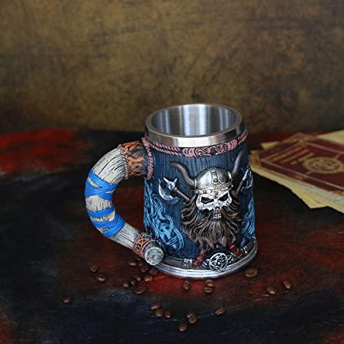 OTARTU Valhalla Viking Stainless Steel Single Handle Horn Skull Beer Stein Cup、Nordic Viking Warrior Skull Mug Tankard 17 oz、Halloween Bar Drin