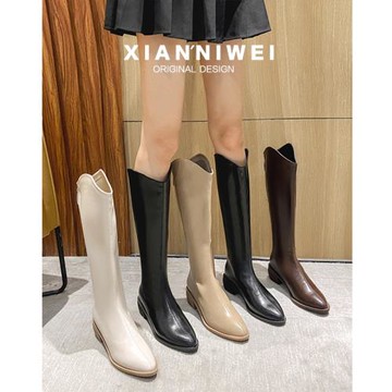 馬丁靴子女尖頭西部牛仔靴中跟不過膝長靴復古高筒粗跟V口騎士靴