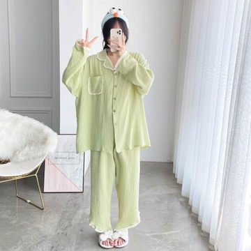 純棉雙層紗布花邊開衫睡衣女加大碼胖mm200斤寬松長袖長褲家居服