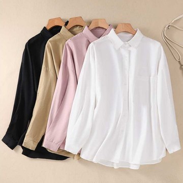 【LANNI 藍尼】現+預 簡約百搭翻領單口袋襯衫上衣(素色/POLO/女裝/長袖)