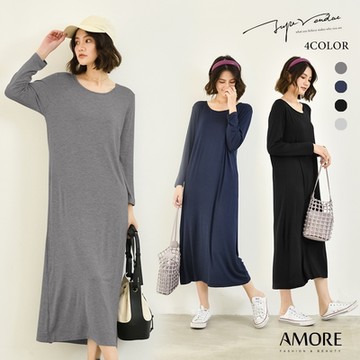 【Amore】莫代爾圓領長袖連身裙初秋款輕柔舒適4色M-XL