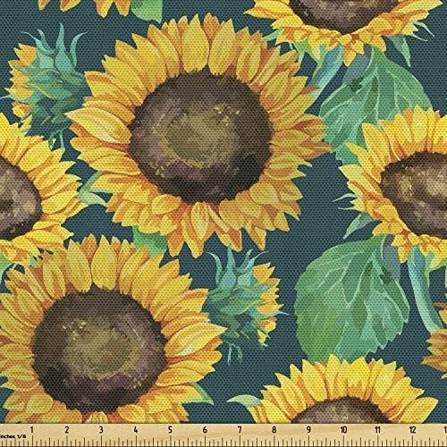 Lunarable Sunflower Fabric by The Yard, Watercolor Heliantus Pattern Detail