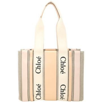 CHLOE 蔻依 Woody 中型 字母織帶亞麻帆布撞色條紋皮革托特包(粉x杏)