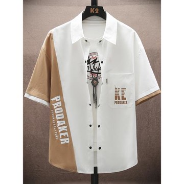 工裝短袖襯衫男士夏季新款青少年印花半袖上衣潮流休閑襯衣男外套