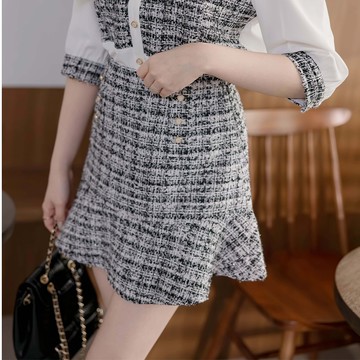 【早春新品】HS 抹胸拼接小香套裝短裙 黑色