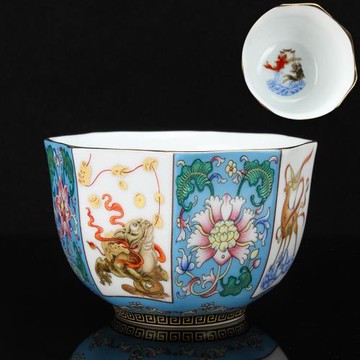 琺瑯彩八方聚財主人杯茶杯來宮廷風格中式陶瓷家用高檔單杯品茗杯