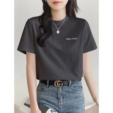 灰色t恤女短袖寬松小半高領半袖正肩學生上衣2025新款春夏裝體恤