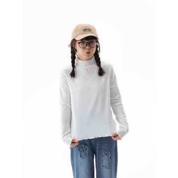 宇宙大王原創蝴蝶刺繡純棉花邊彈力實用打底T恤