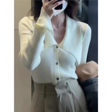 韓系白色翻領針織開衫女秋冬新款高級感修身顯瘦喇叭長袖打底毛衣