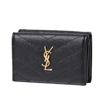 YSL Monogram 荔枝皮 皮革 三折開釦 短夾 卡夾 零錢包 黑色 金色 668274